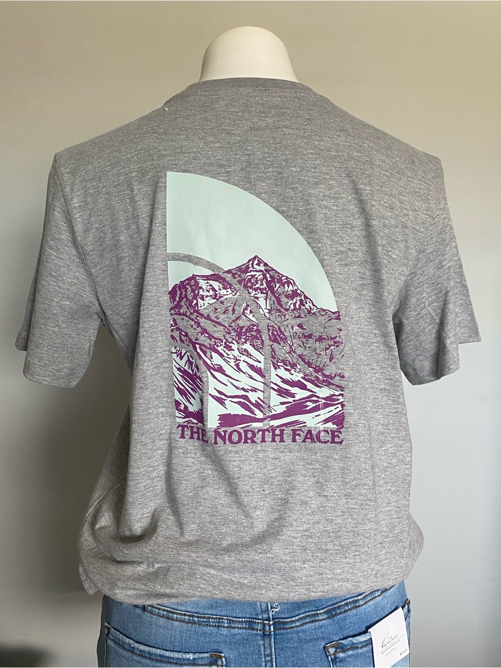 The North Face Women's Light Gray Crewneck Tee with Pink Logo - Picture 3 of 5